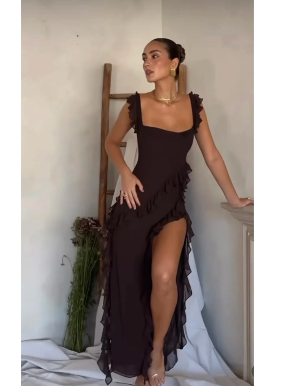 House of CB Ariela Espresso Ruffle Dress
